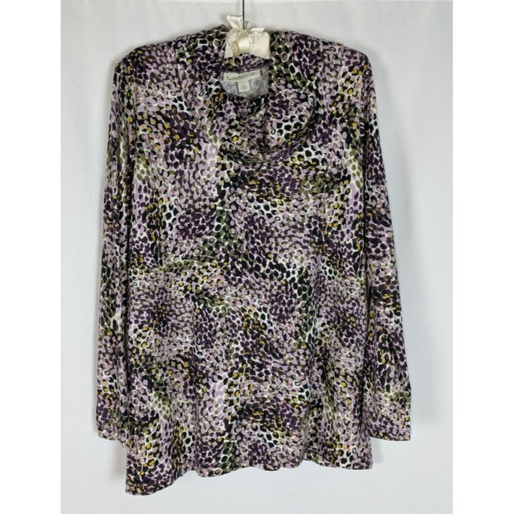 Emaline Purple Olive Abstract Speckled Cowl Neck Tunic Knit Top Large Autumn